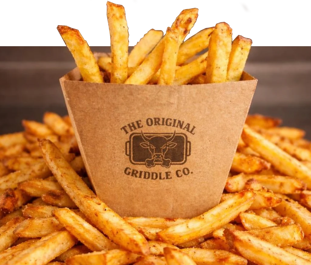Seasoned fries in a paper cone printed with The Original Griddle Co. logo