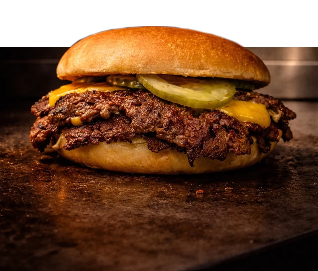 Double smashburger with melted cheese and a pickle slice on a bun